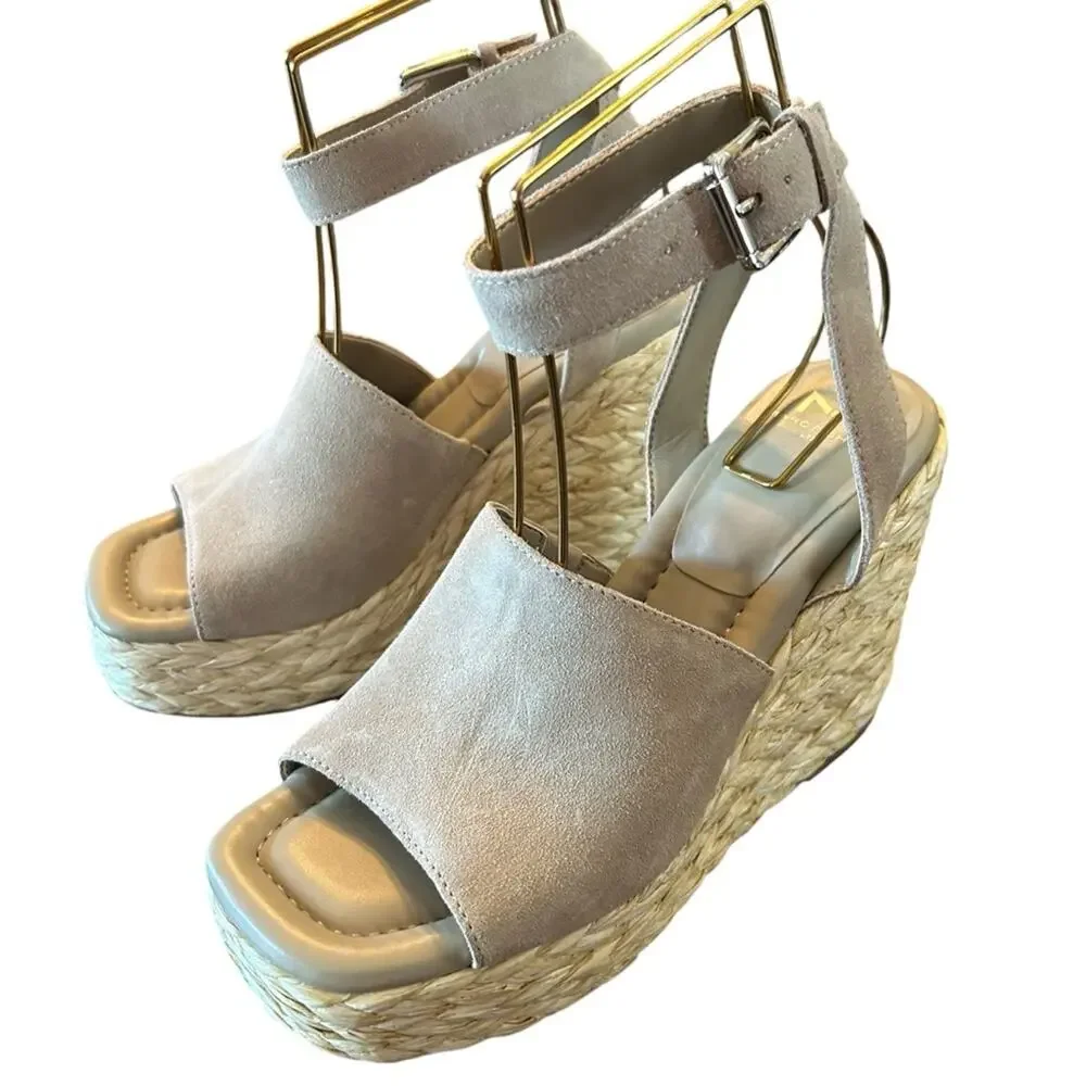 Marc Fisher Nelly Suede Espadrille Wedge Platform Heels Square Toe Taupe NEW 9.5